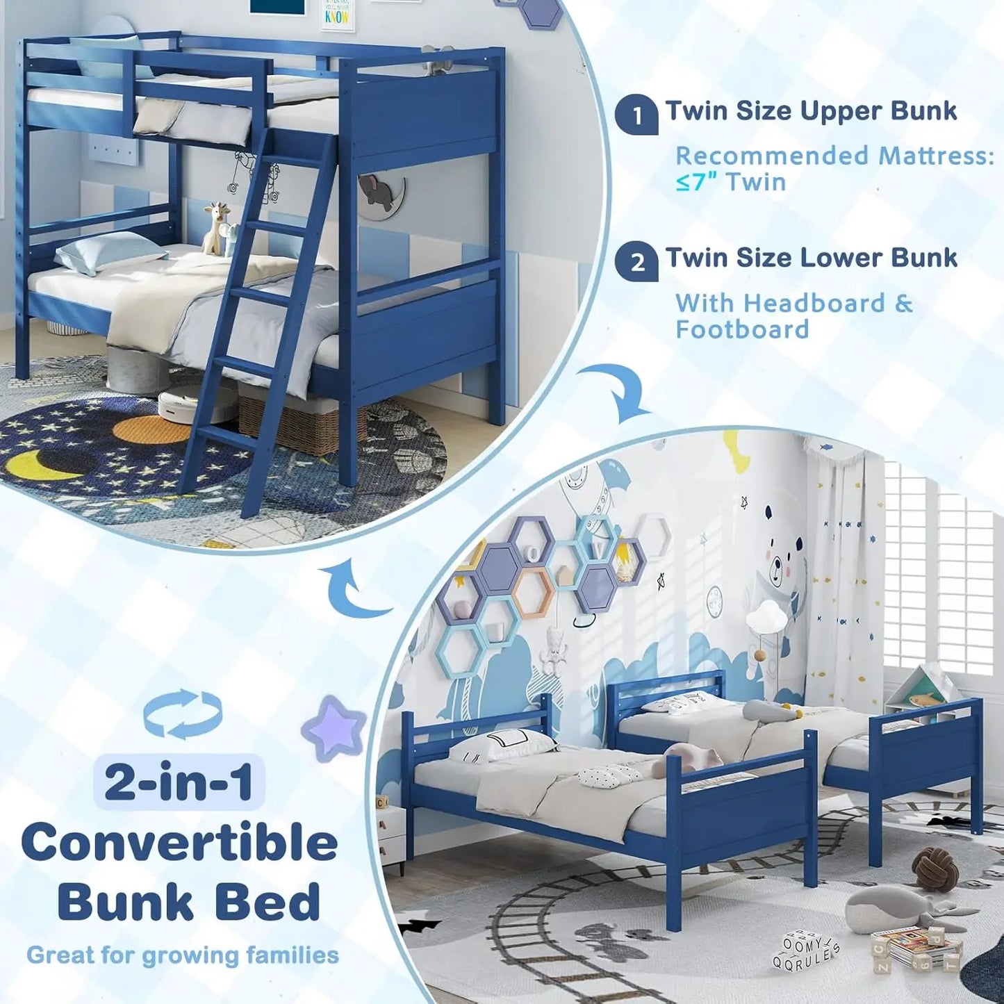 Twin Over Twin Bunk Bed for Kids, Solid Wood Bunk Bed with Ladder and Safety Guardrails, Convertible into 2, Customized