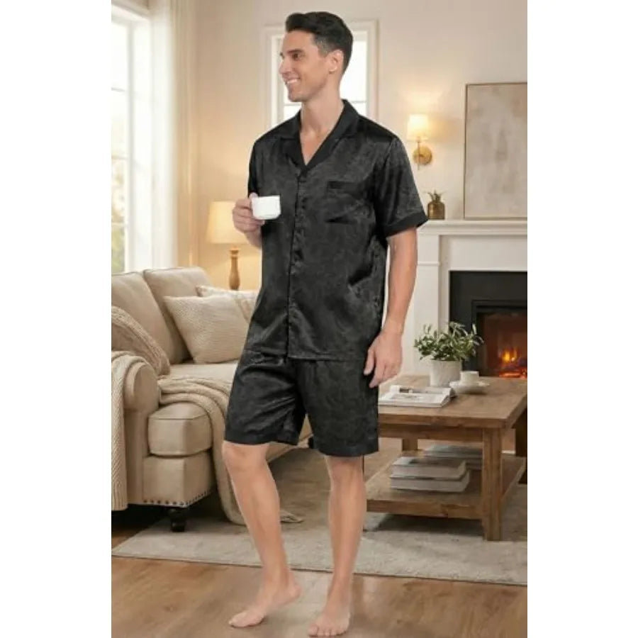 Men Satin Silk Pajamas Set with Pockets Sleepwear Shorts Satin Summer Loungewear 2 Pcs Button Down Set S-3XL