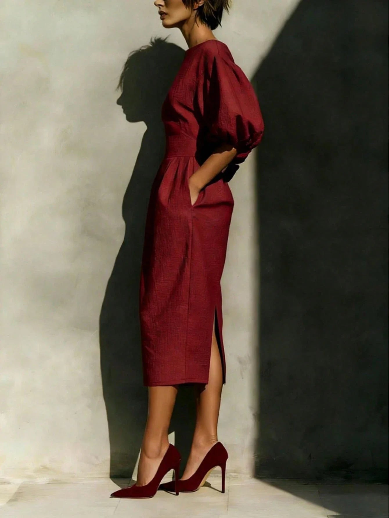 Elegant Wine Red Round Neck Midi Dress With Pockets And Back Slit