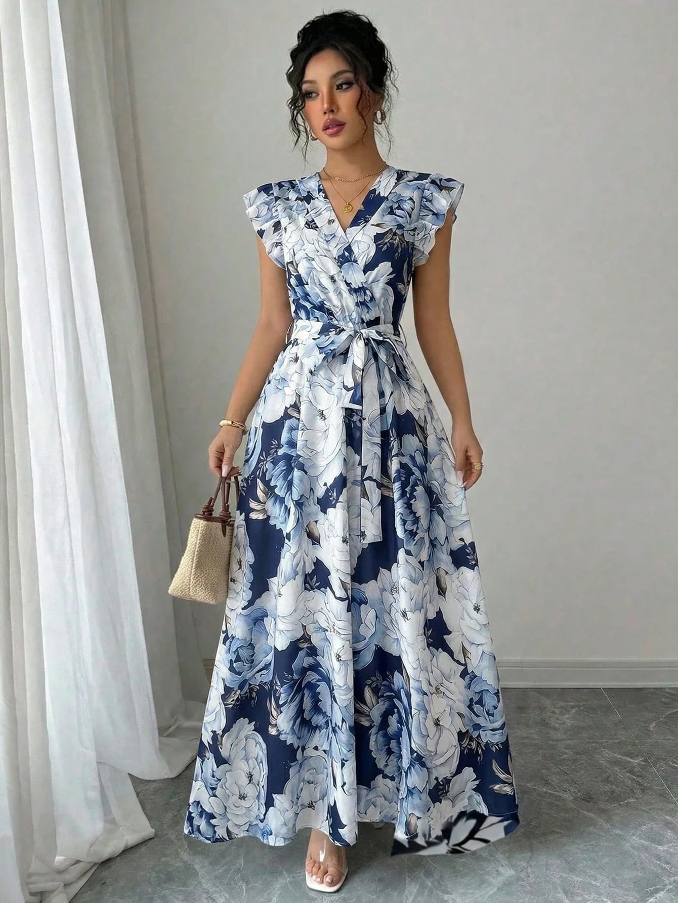 Elegant Floral Print Wrap Dress With Ruffle Sleeves And Sash Belt Summer