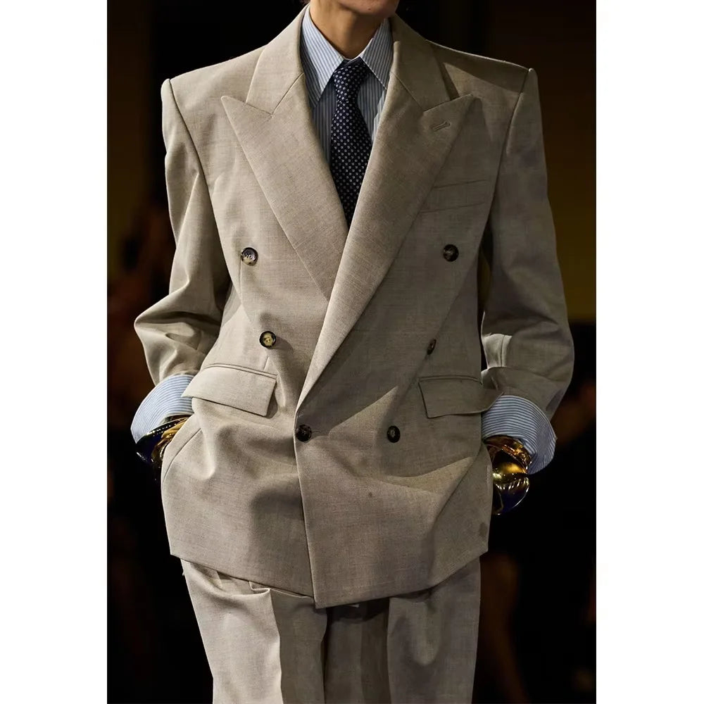 Men's Linen Suit Set Double Breasted 2 Pieces Peak Lapel Oversized Breathable Soft Formal Jacket Pants Outfit Business Casual