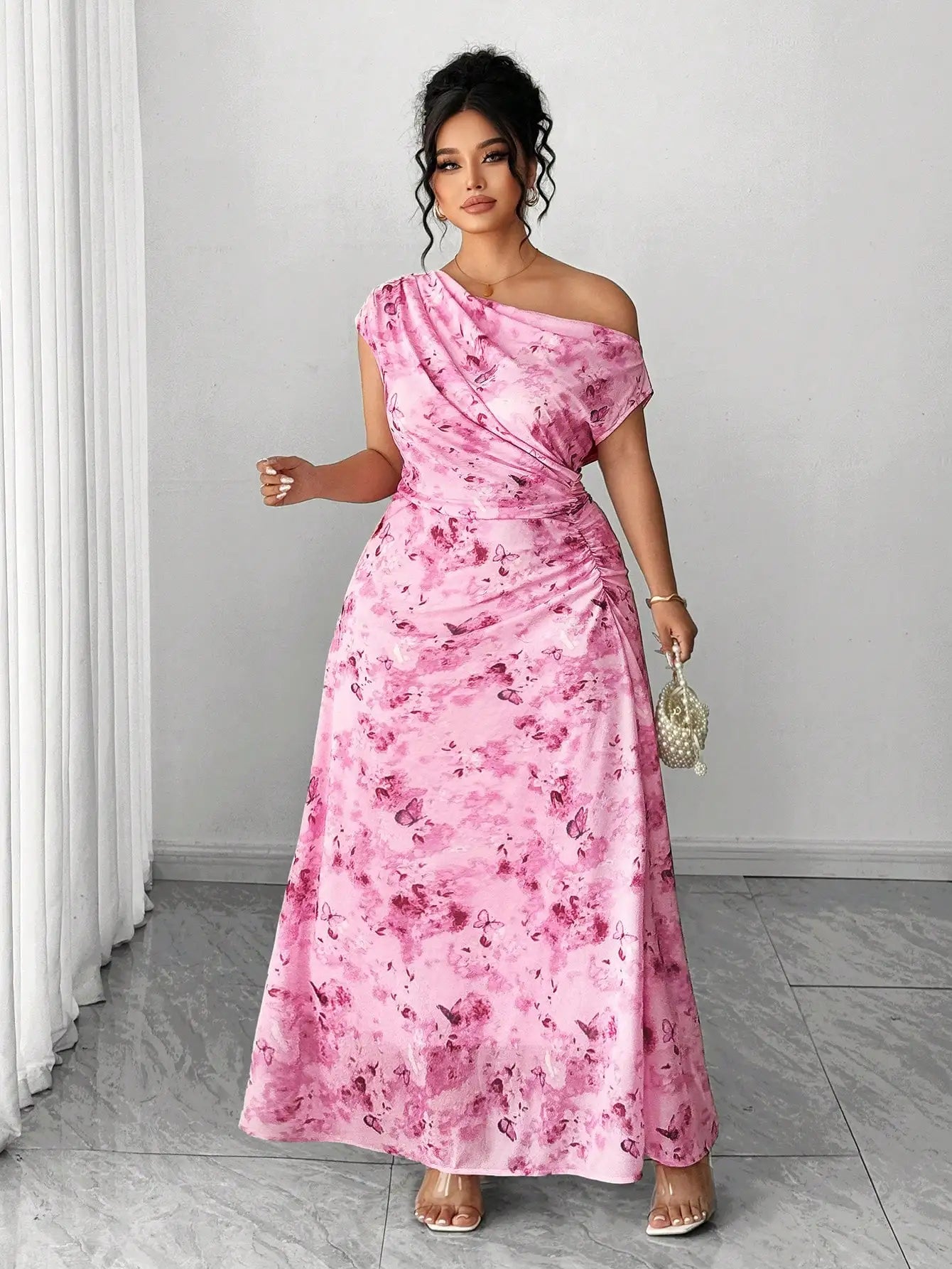 Elegant Off-Shoulder Cinched Waist Floral A-Line Maxi Dress Hot Pink