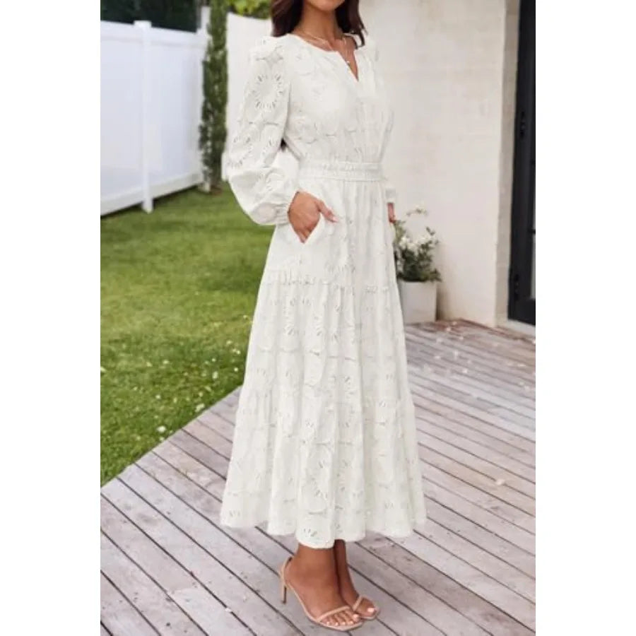 MEROKEETY Women's Fall Long Sleeve Floral Maxi Dress Lace Eyelet Hollow Out Tiered Boho Wedding Guest Dresses Pockets