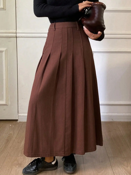 Women's Washed Pleated A-Line Skirt in Brown, Autumn Casual Style