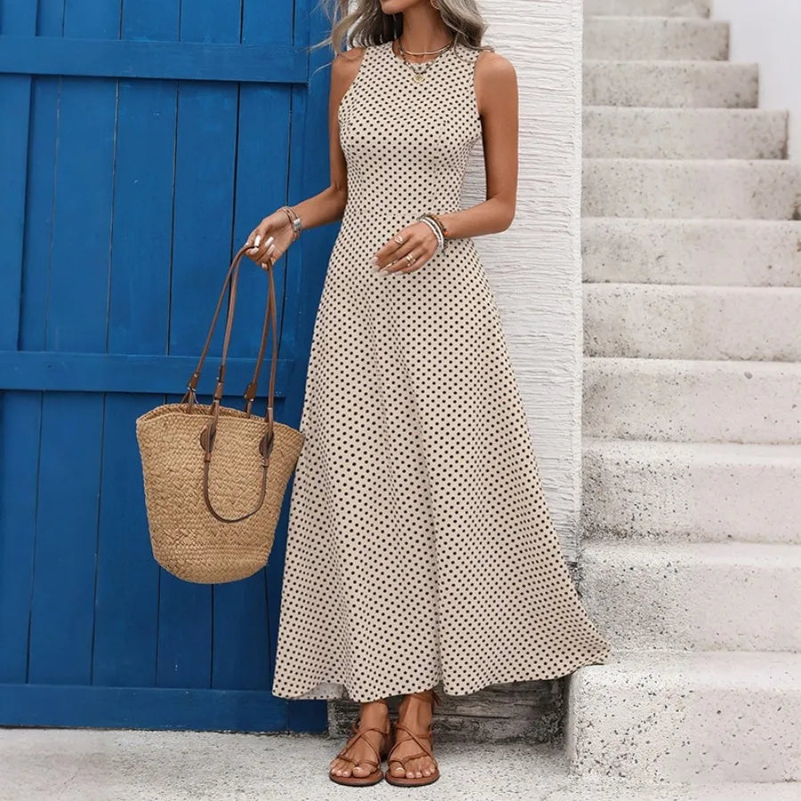 European and American 2026 new style retro vacation style mid-length dress sleeveless waist lace back-off polka dot dress