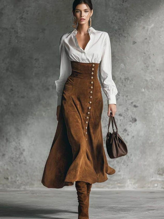 Women Two Piece Outfit Lapel Long Sleeve Shirt High Waist Side Button Flared Midi Skirt Casual Commute Matching Set For Women Daily Outdoor Wear
