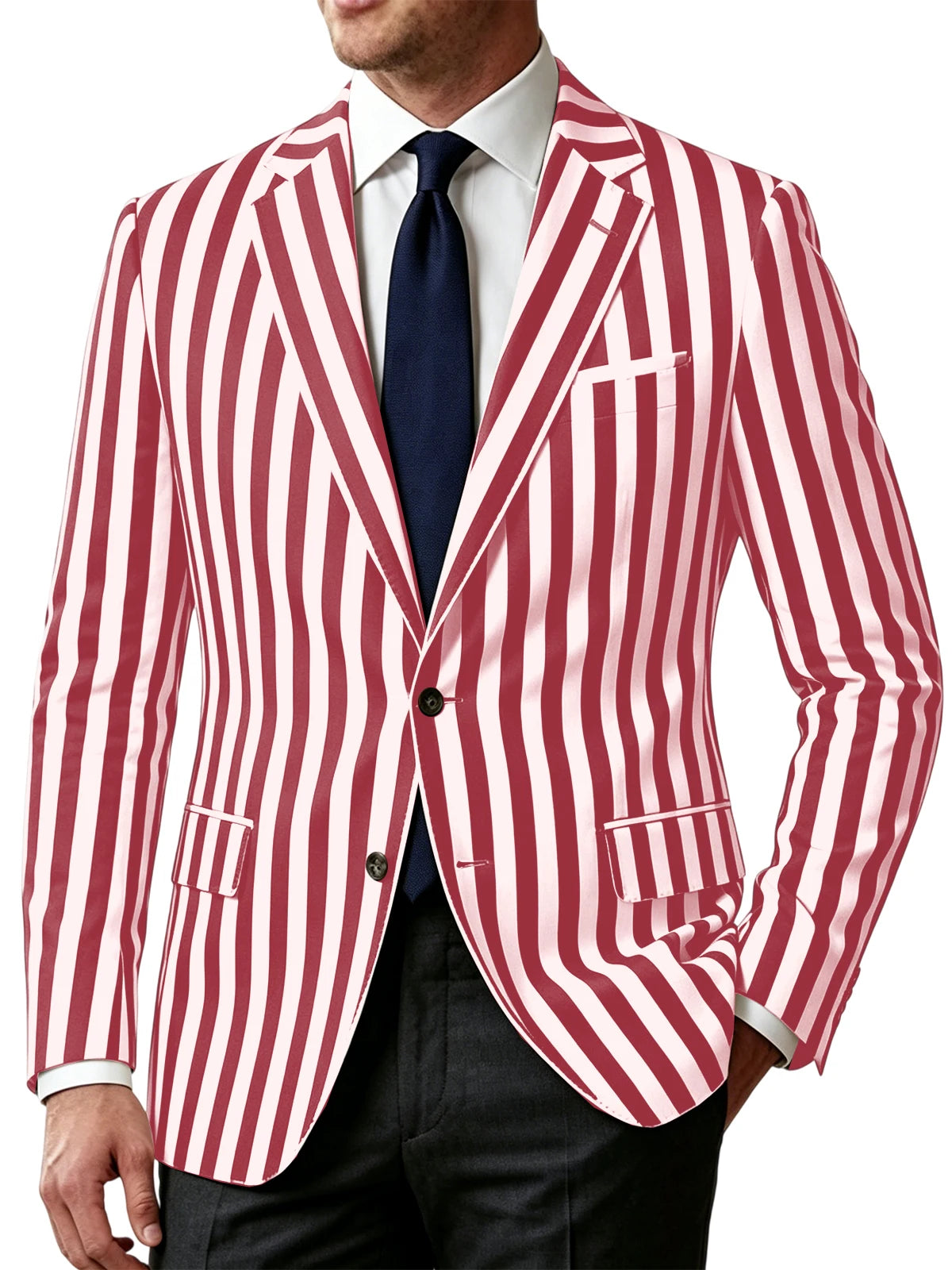 Men's Vertical Striped Blazer Slim Fit Single Breasted Casual Business Sport Coat Lightweight Formal Jacket For Office Wedding