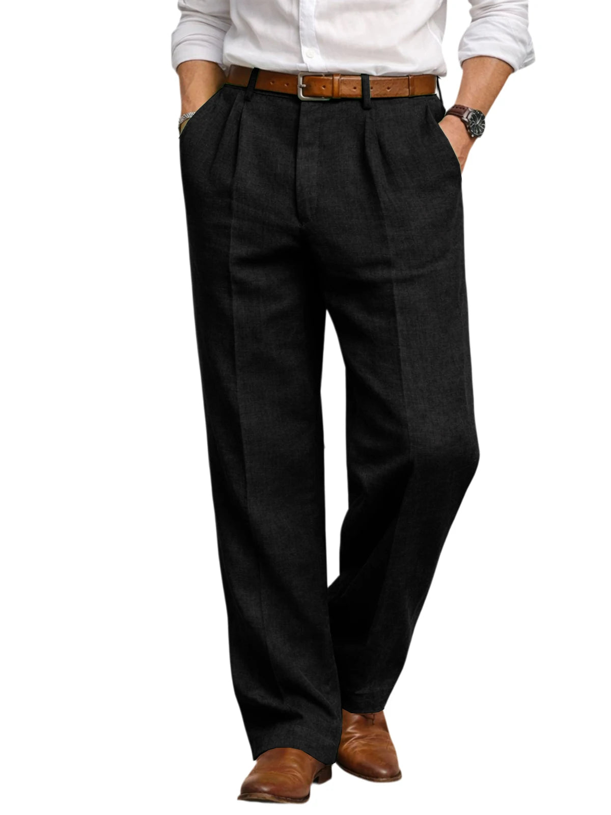 Men's Summer Linen Suit Pants High Waist Pleated Wide Leg Casual Trousers Business Formal  Breathable Loose Fit Straight Pants