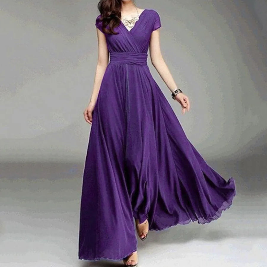 【New style】- access  Europe and America V-neck short-sleeved Bohemian chiffon waist dress
