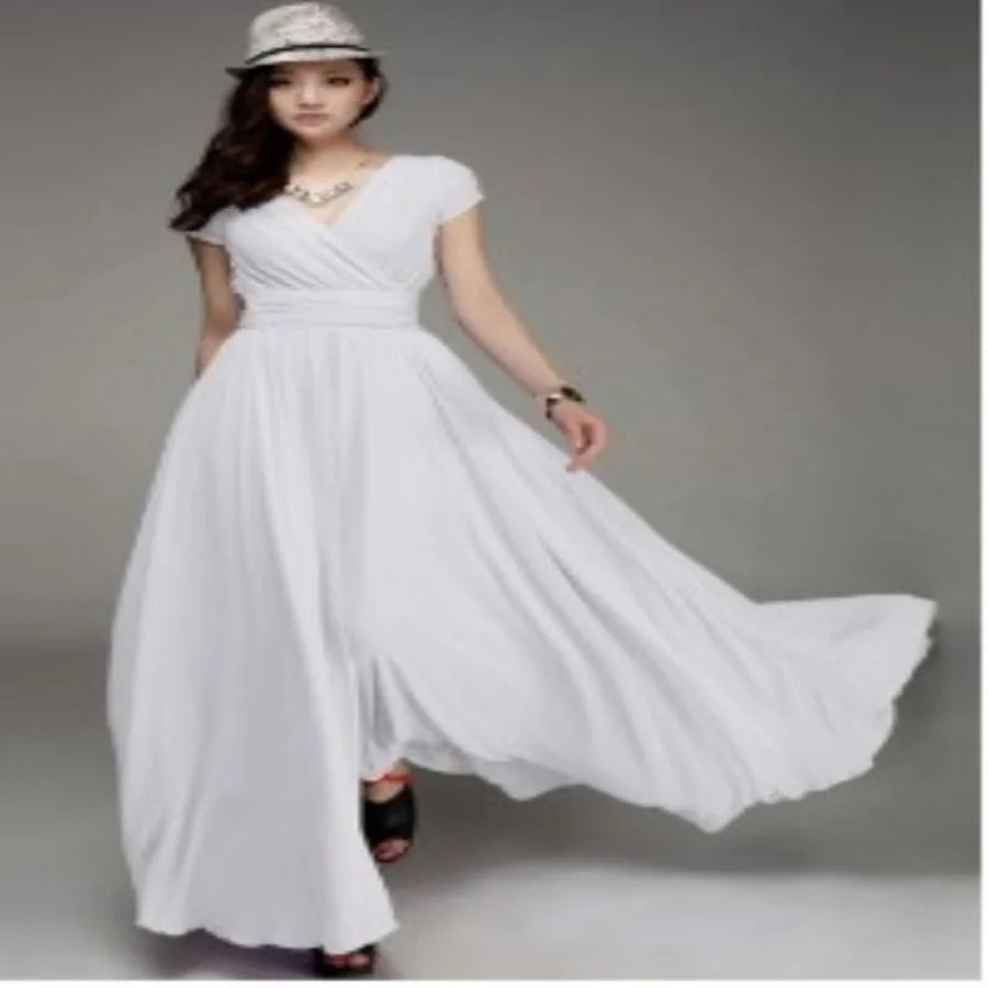 【New style】- access  Europe and America V-neck short-sleeved Bohemian chiffon waist dress