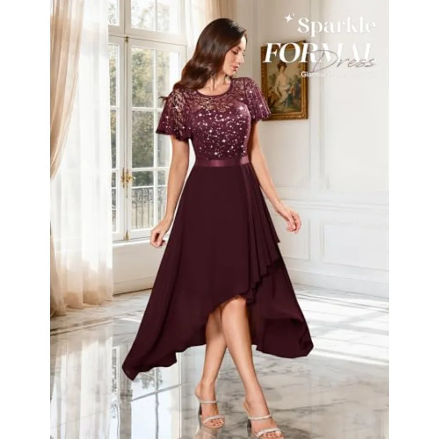 Wedtrend Women's Sparkly Sequin Dress Ruffle Formal Dresses Flutter Sleeve Wedding Guest Dress