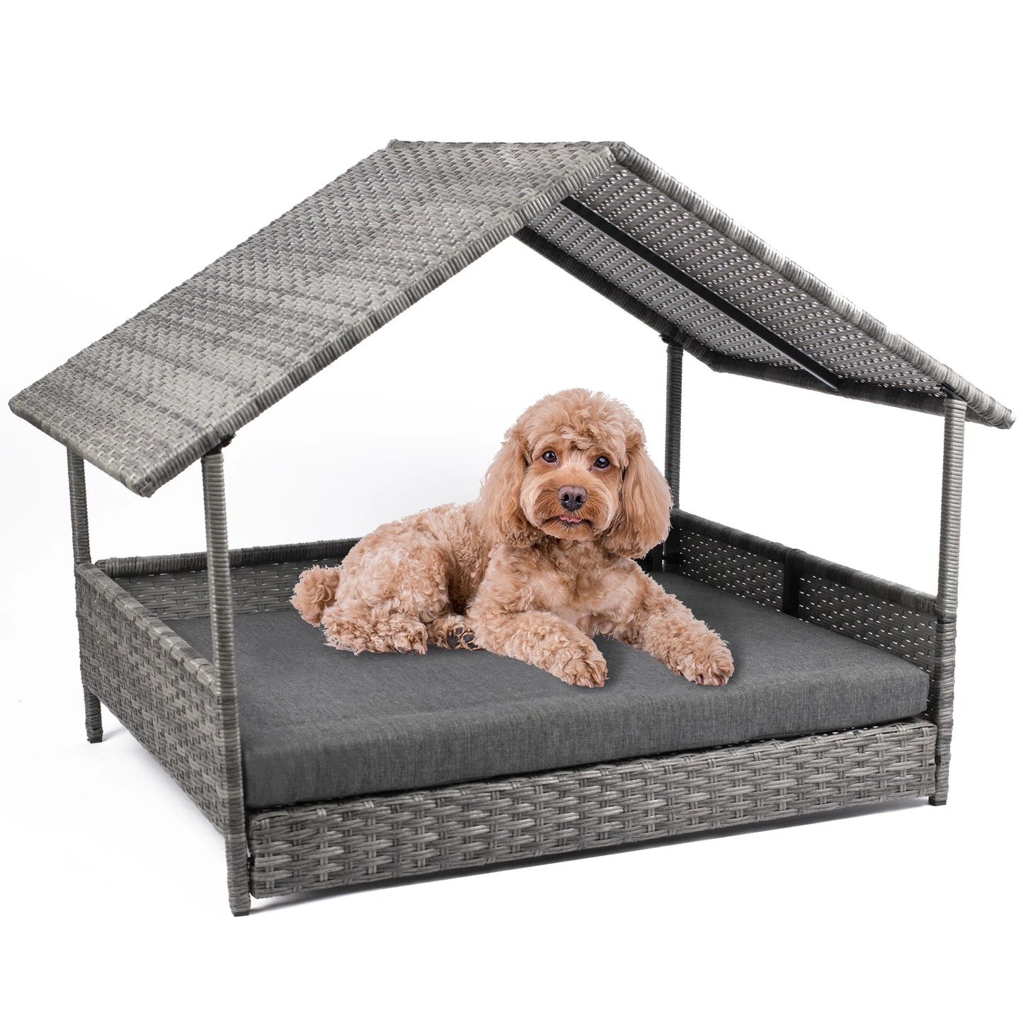 Elevated Wicker Dog House With Canopy Outdoor Water Resistant Cushion