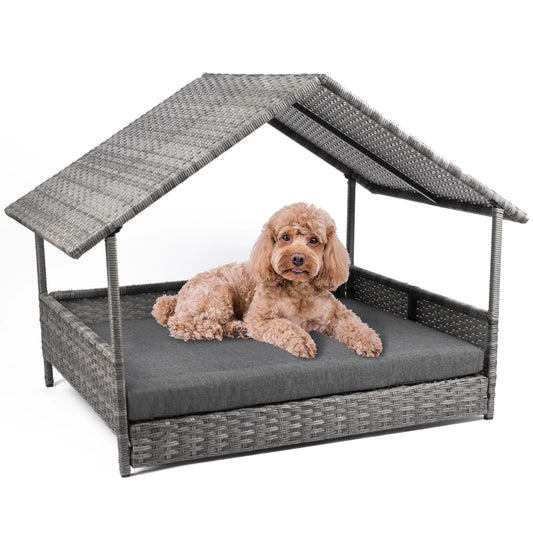Elevated Wicker Dog House With Canopy Outdoor Water Resistant Cushion