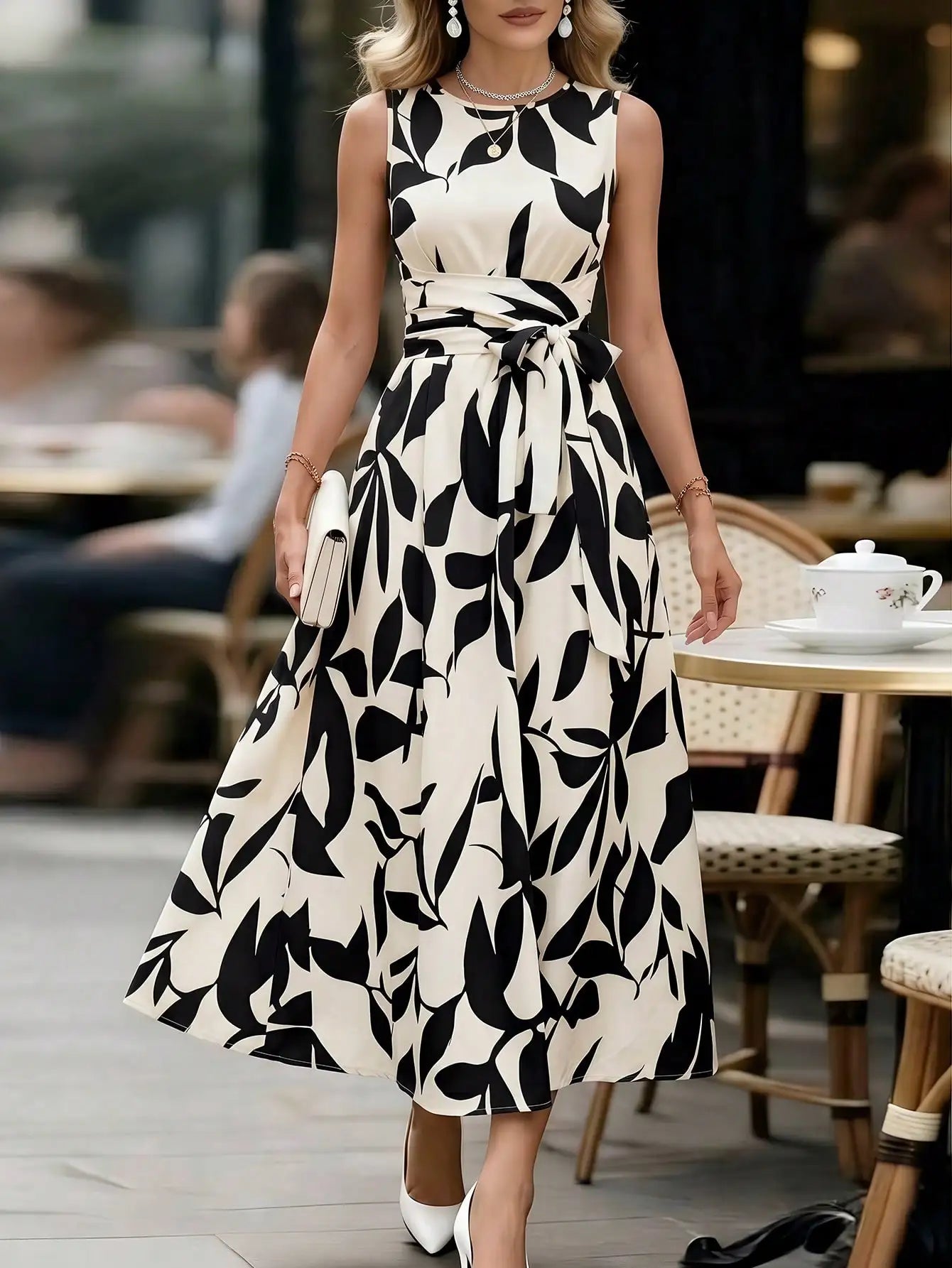 Women's Round Neck Plaid Knotted Waist A-Line Dress For Party Casual Outing