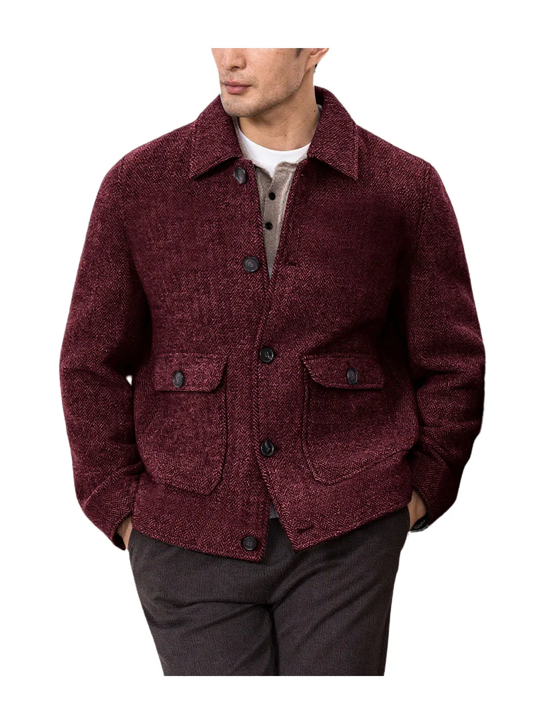 Men Vintage Herringbone Short Lapel Button Jacket Casual Outerwear For Daily Commute Weekend Dating Coffee Street Trip Gathering