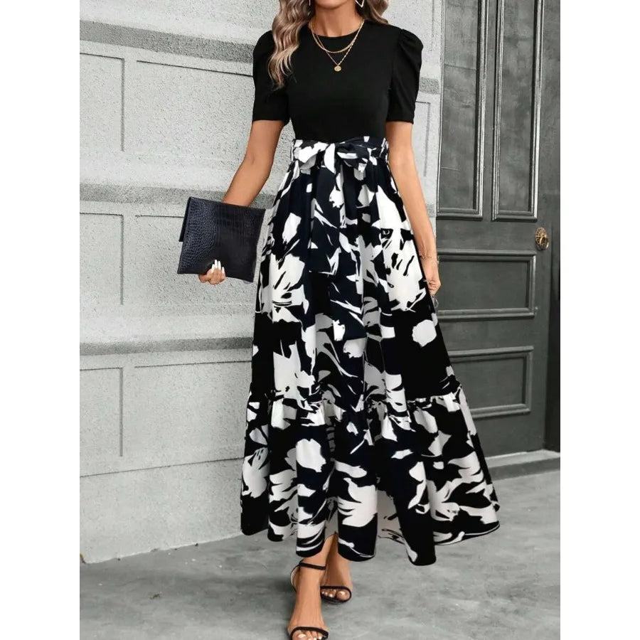 Women's Spliced Plant Print Ruffle Hem Maxi Dress Outfit