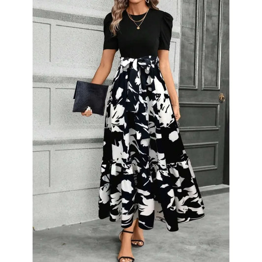 Women's Spliced Plant Print Ruffle Hem Maxi Dress Outfit