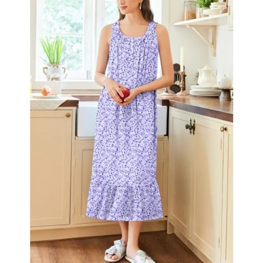 Ekouaer 2 Pack Nightgowns for Women Sleeveless Long Night Gowns Victorian Nightdress with Pockets Soft Ladies Gown
