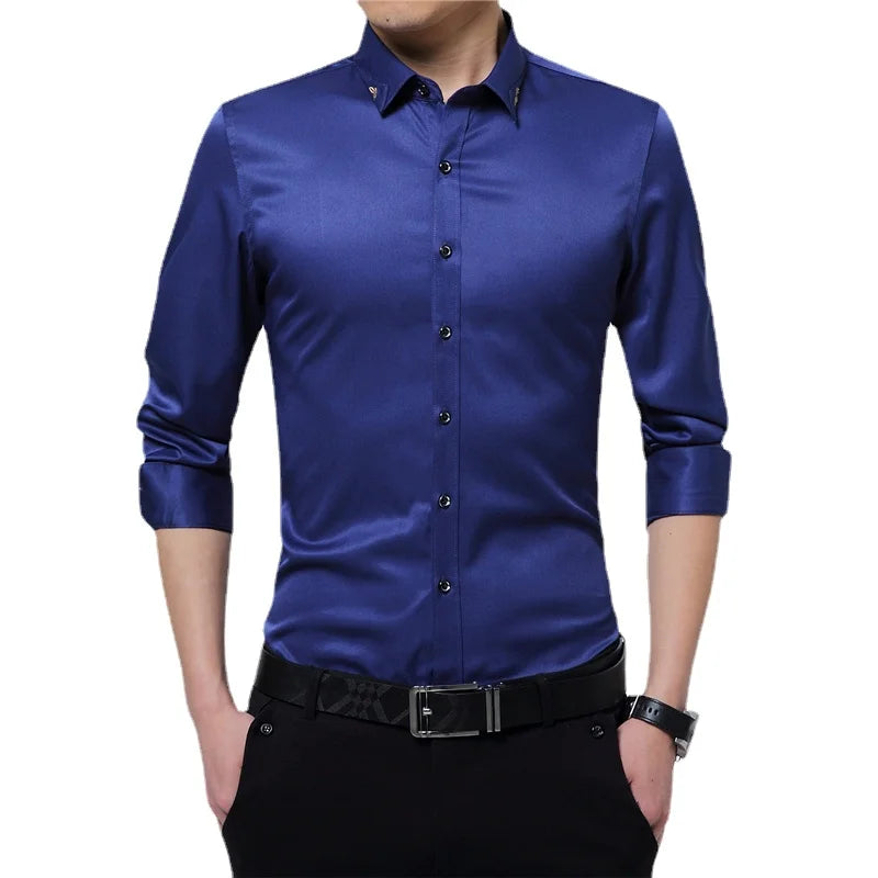 BROWON Brand Silky Formal Shirt Men Classic Business Long Sleeve Solid Color Embroidery Collar Slim Fit Shirt Brand-clothing