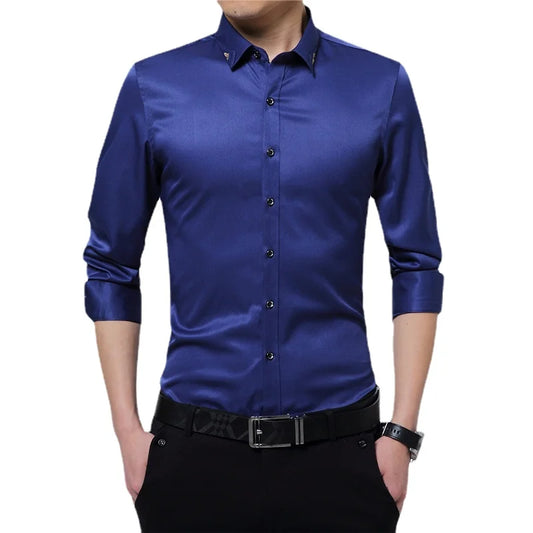 BROWON Brand Silky Formal Shirt Men Classic Business Long Sleeve Solid Color Embroidery Collar Slim Fit Shirt Brand-clothing
