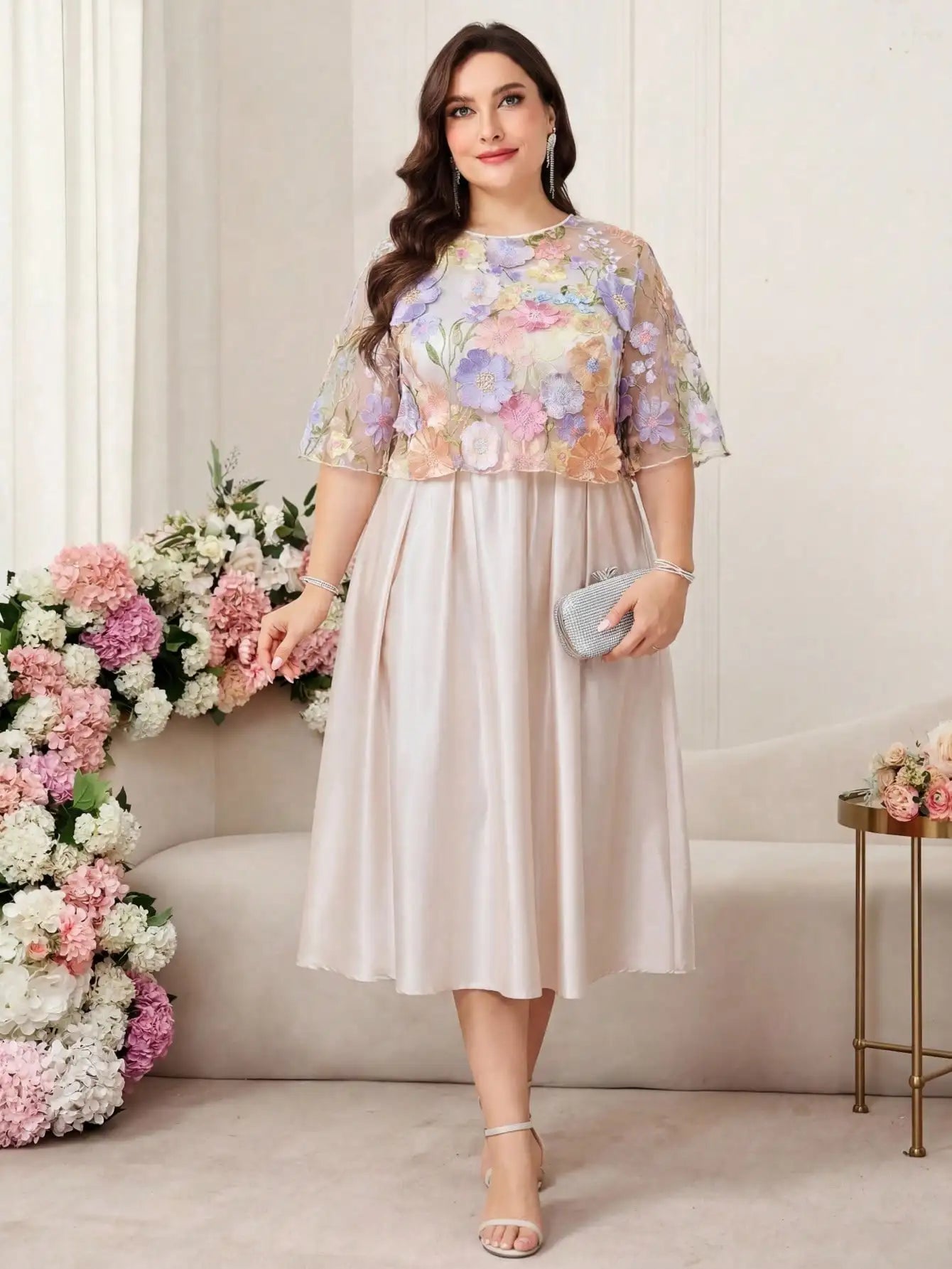 Plus Size Floral Embroidery Elegant Round Neck Midi Dress For Spring Summer