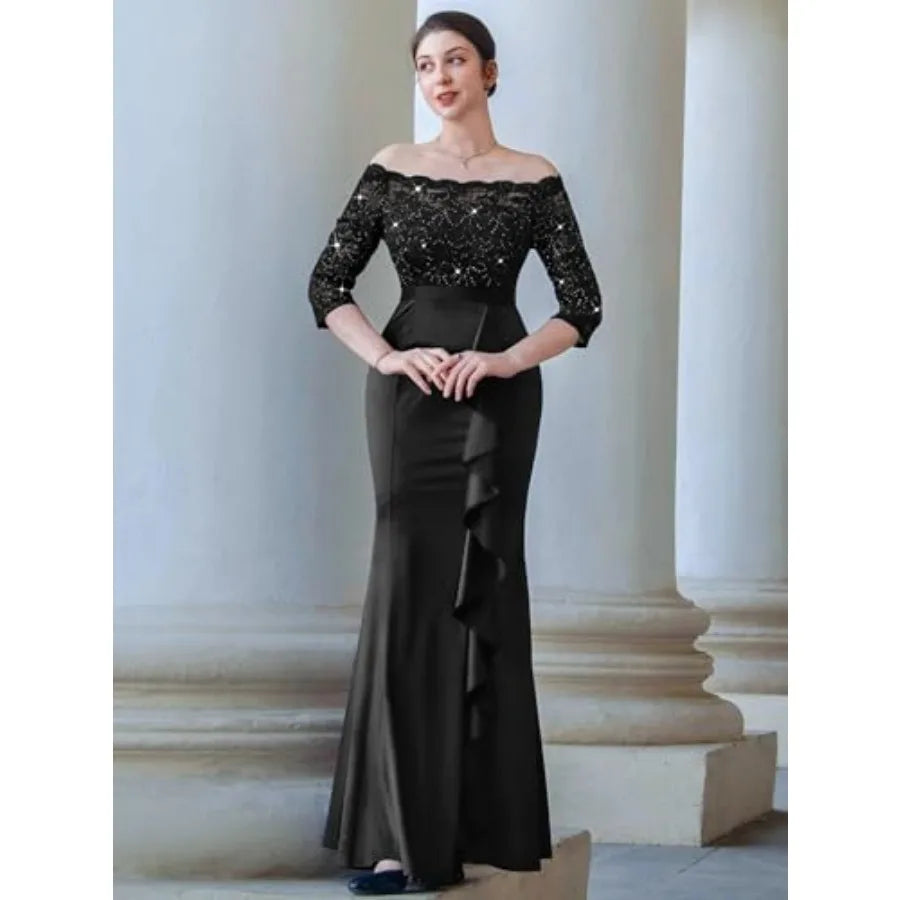 Women's Sexy Off Shoulder Floral Lace Formal Wedding Party Maxi Dress