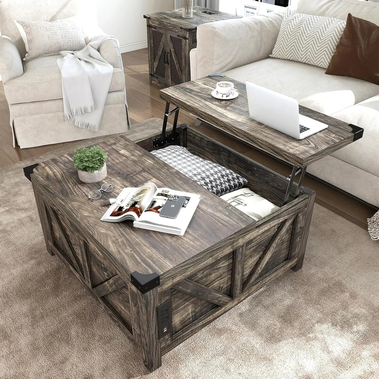 Farmhouse Lift Top Coffee Table with Storage, Wood Square Center Table with Charging Station&USB Port, Living Room, Customized