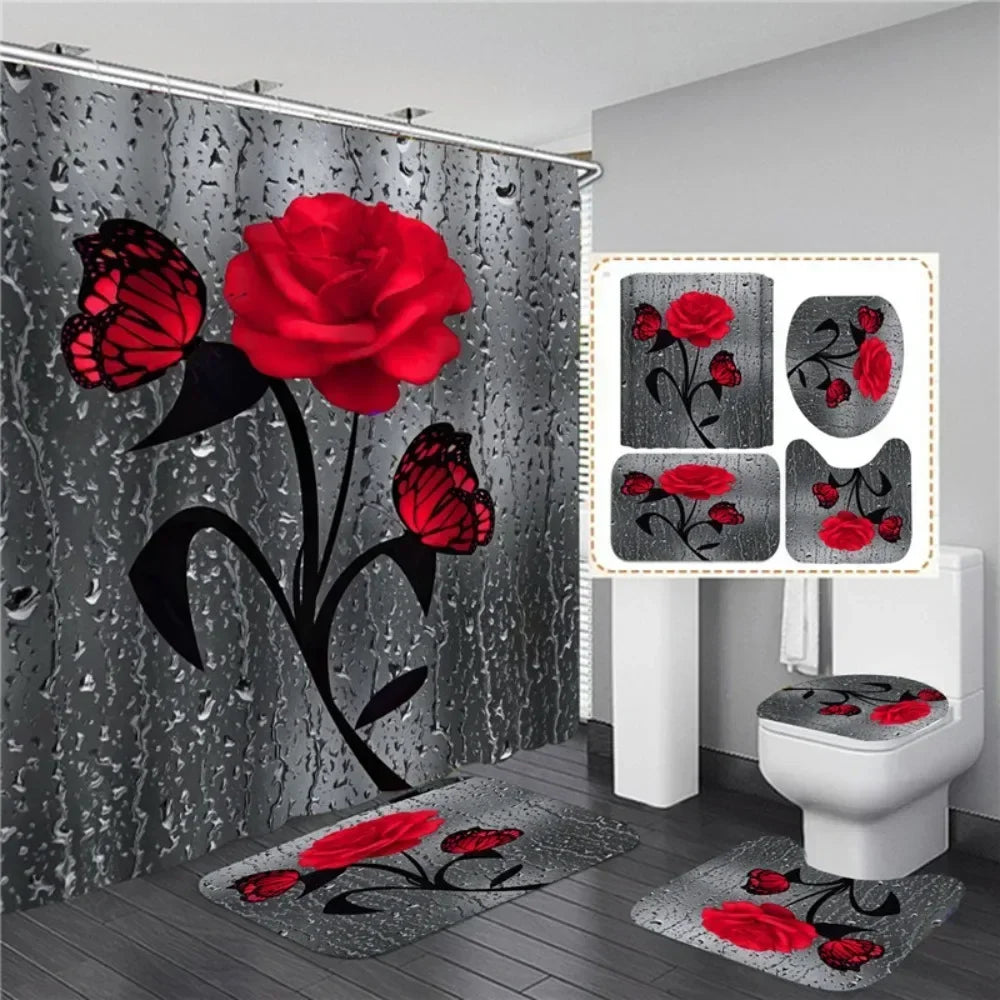 Shower Curtain Set With Bath Mat And Rugs 4 Pieces