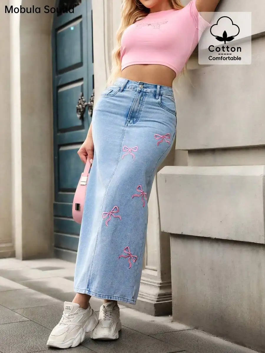 Cute Pink Bow Embroidered Bodycon Denim Midi Skirt for Women