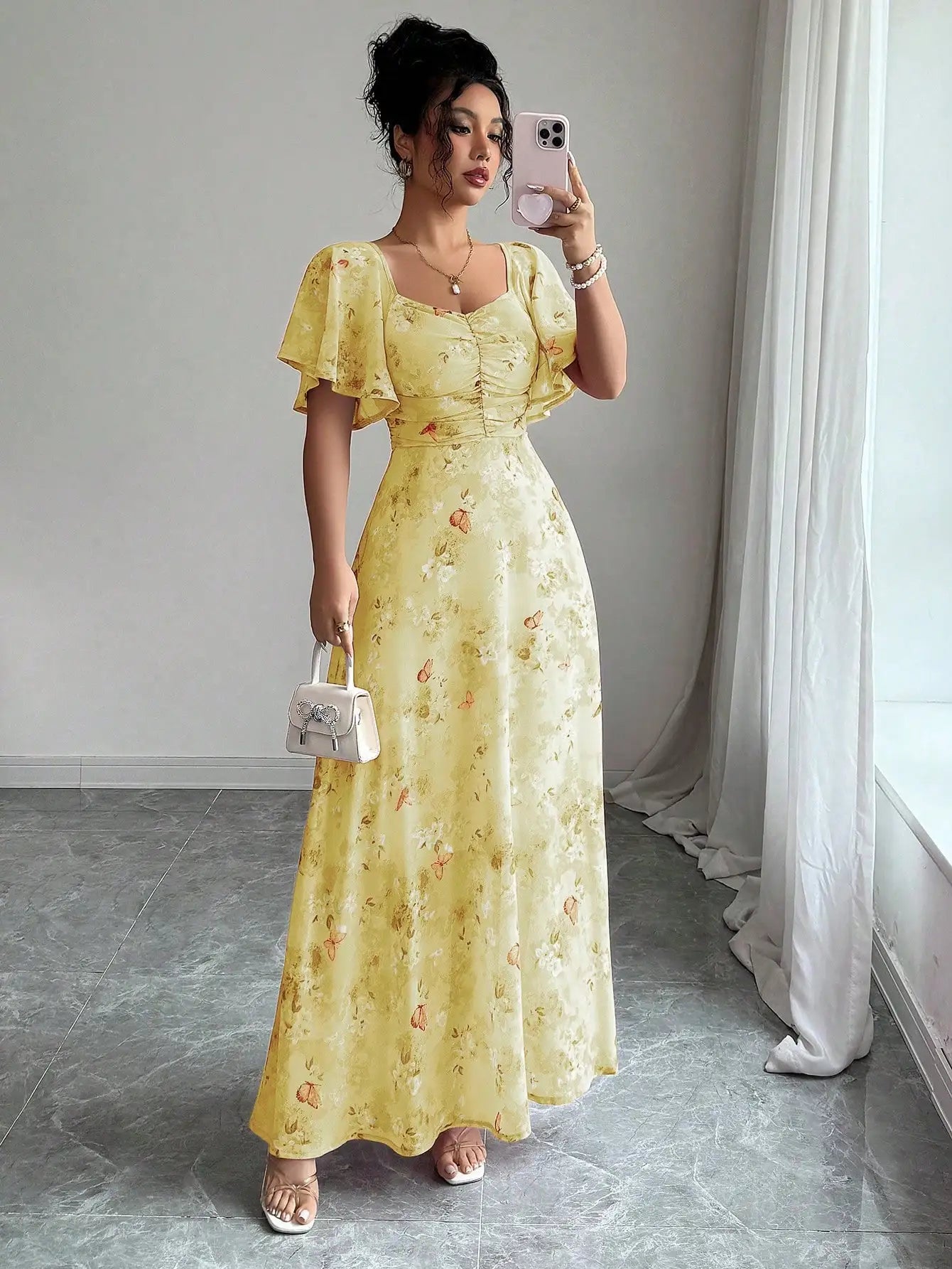 Women's Chiffon Butterfly Print Ruched Square Neck Batwing Sleeve Maxi Dress