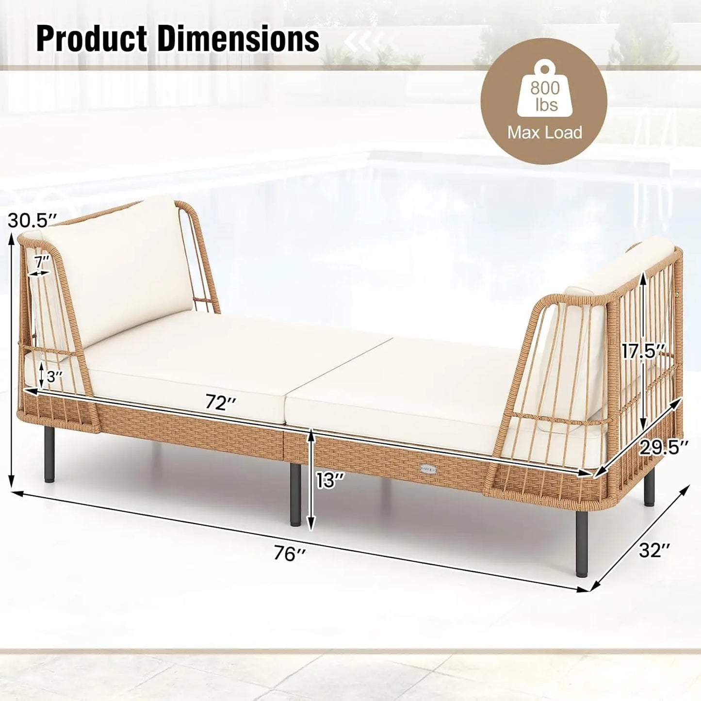 Patio Rattan Daybed, Boho Outdoor Wicker Lounge Sofa with Seat & Back Cushions, 2-Seat Bench Sun Lounger Chair with, Customized