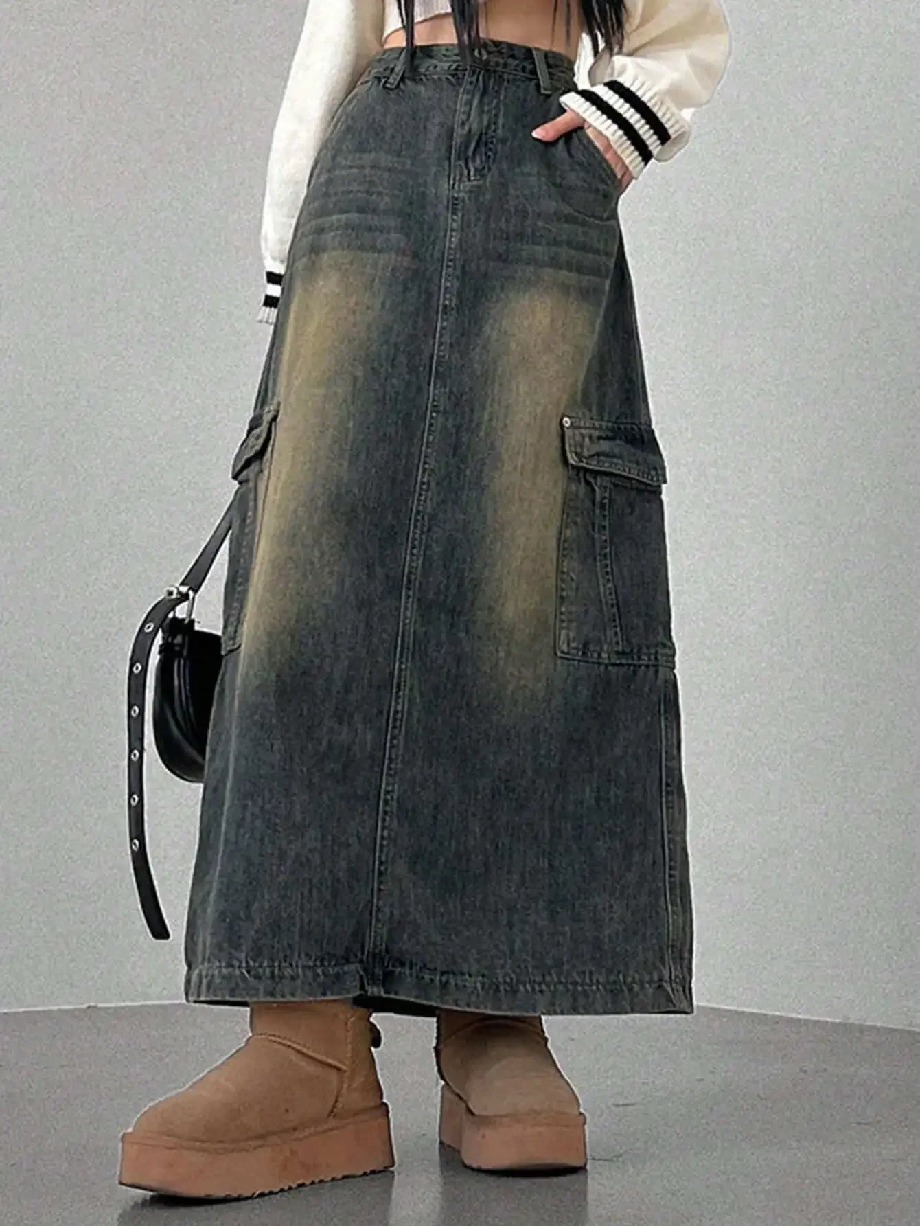 Women's Distressed Cargo Pocket Denim Maxi Skirt, Loose Fit, Fall Winter
