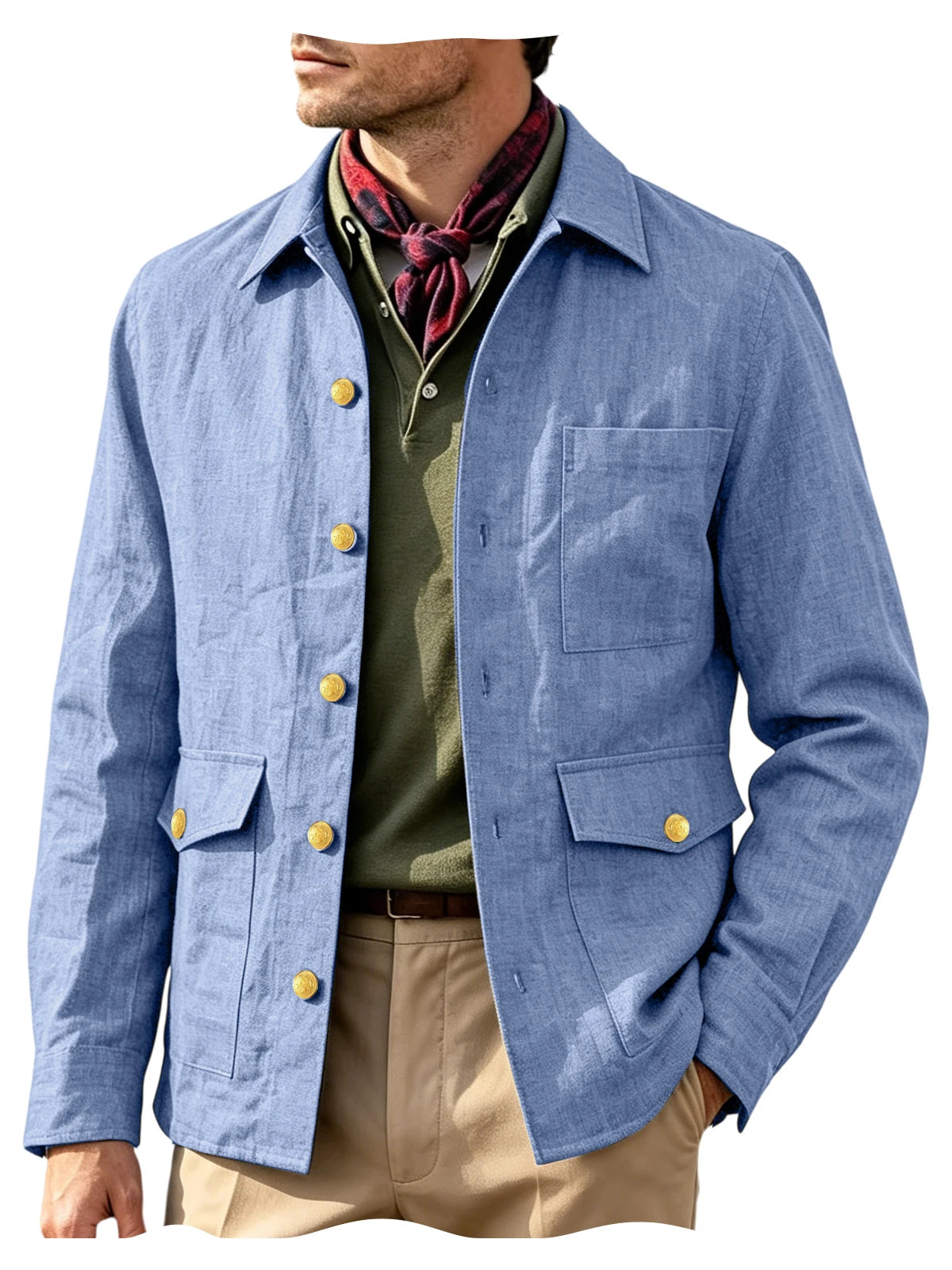 Mens Vintage Linen Jacket With Breathable Gold Button Lapel Design