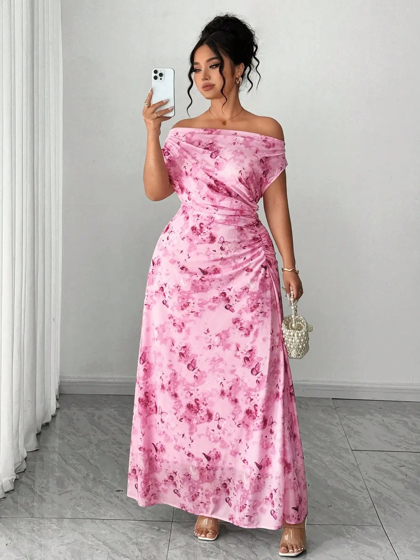 Elegant Off-Shoulder Cinched Waist Floral A-Line Maxi Dress Hot Pink