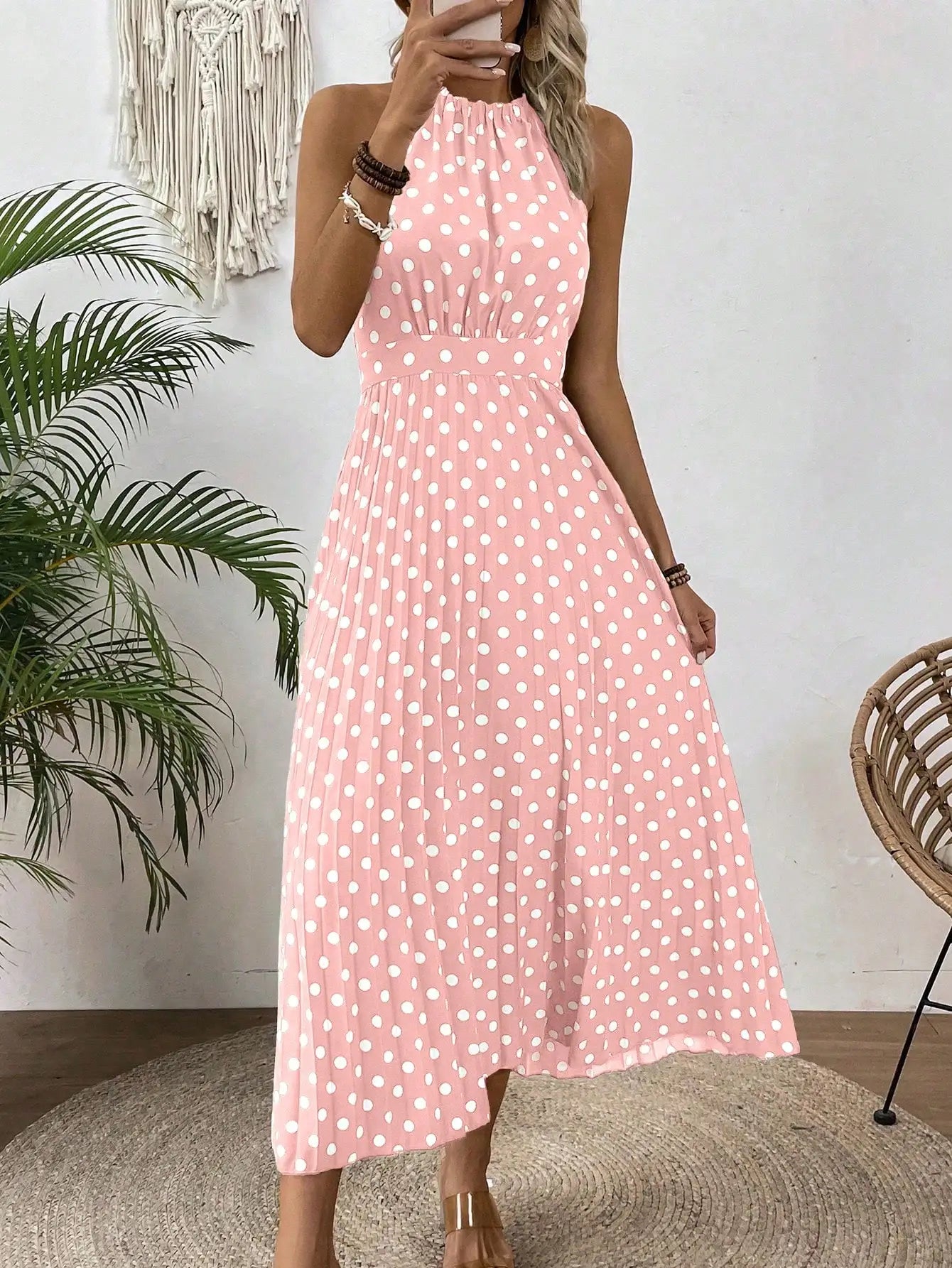 Women Polka Dot Halter Sleeveless Pleated Maxi Dress Beach Vacation Outfit