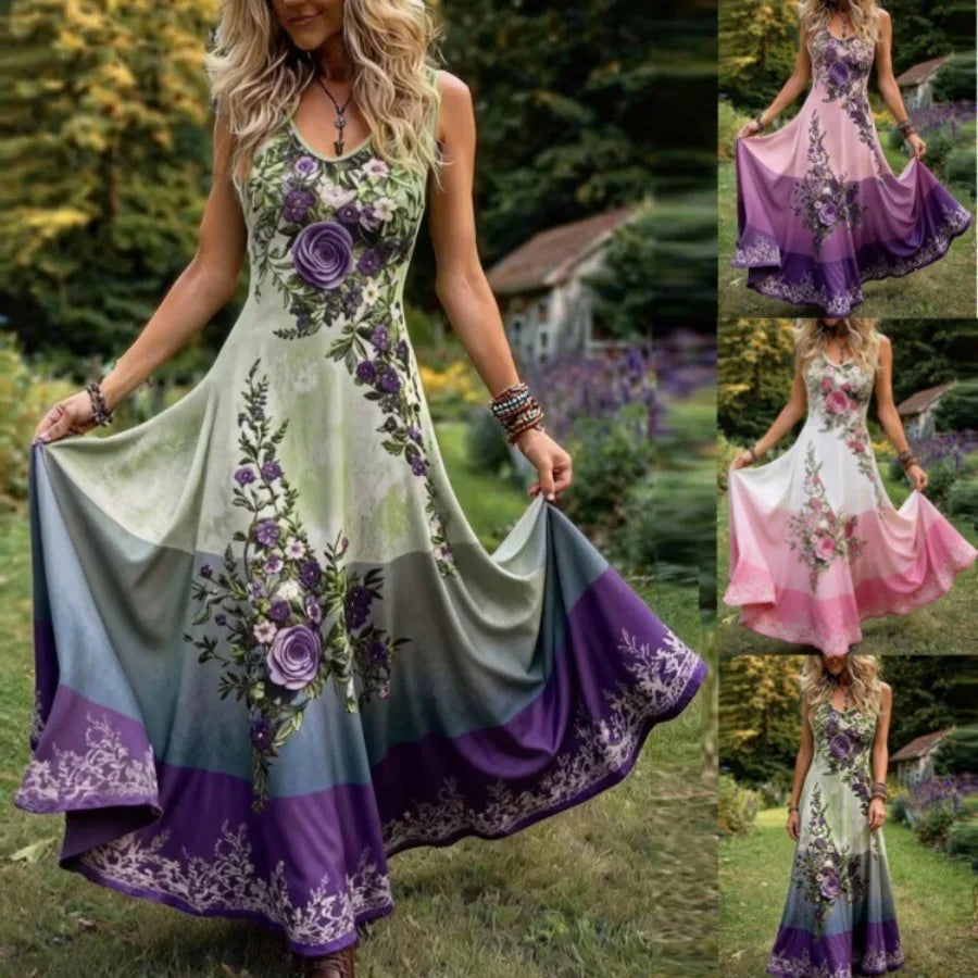 【New style】2026 summer new - European and American  sleeveless elegant dress Printed v-neck long dress Large size women's dress