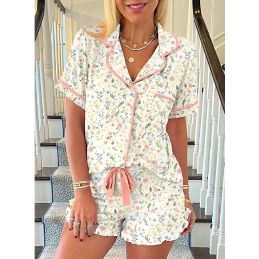 KevaMolly Womens Christmas Lounge Sets Candy Cane Print Pocketed Knotted PJ Set Short Sleeve Xmas Top and Shorts