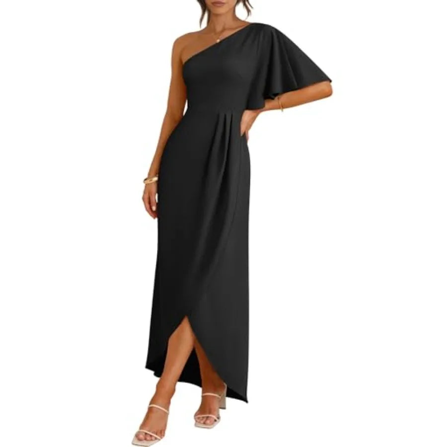 ANRABESS Womens One Shoulder Formal Midi Dresses 2026 Summer Wrap High Slit Beach Wedding Guest Party Cocktail Maxi Dress