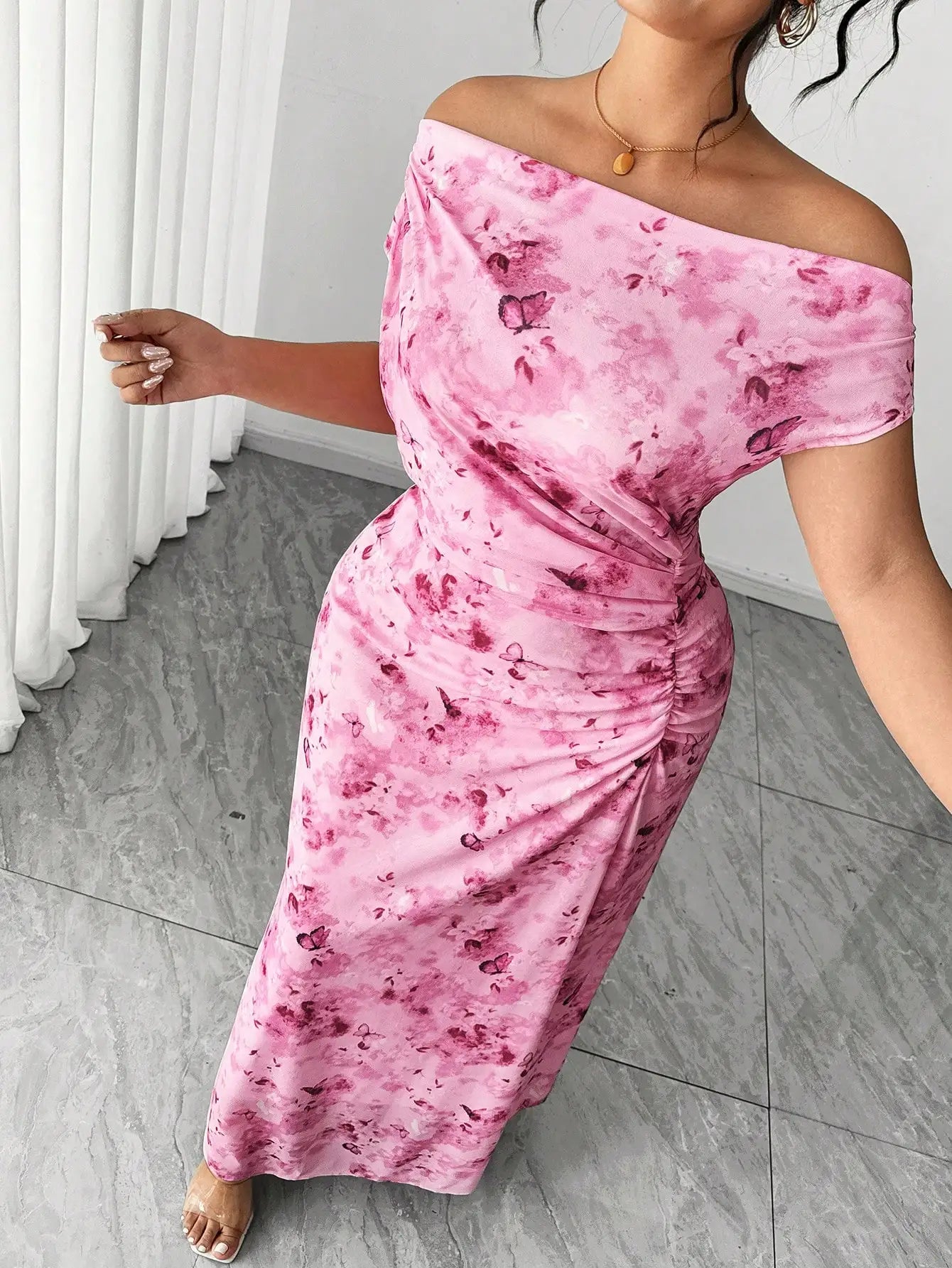 Elegant Off-Shoulder Cinched Waist Floral A-Line Maxi Dress Hot Pink