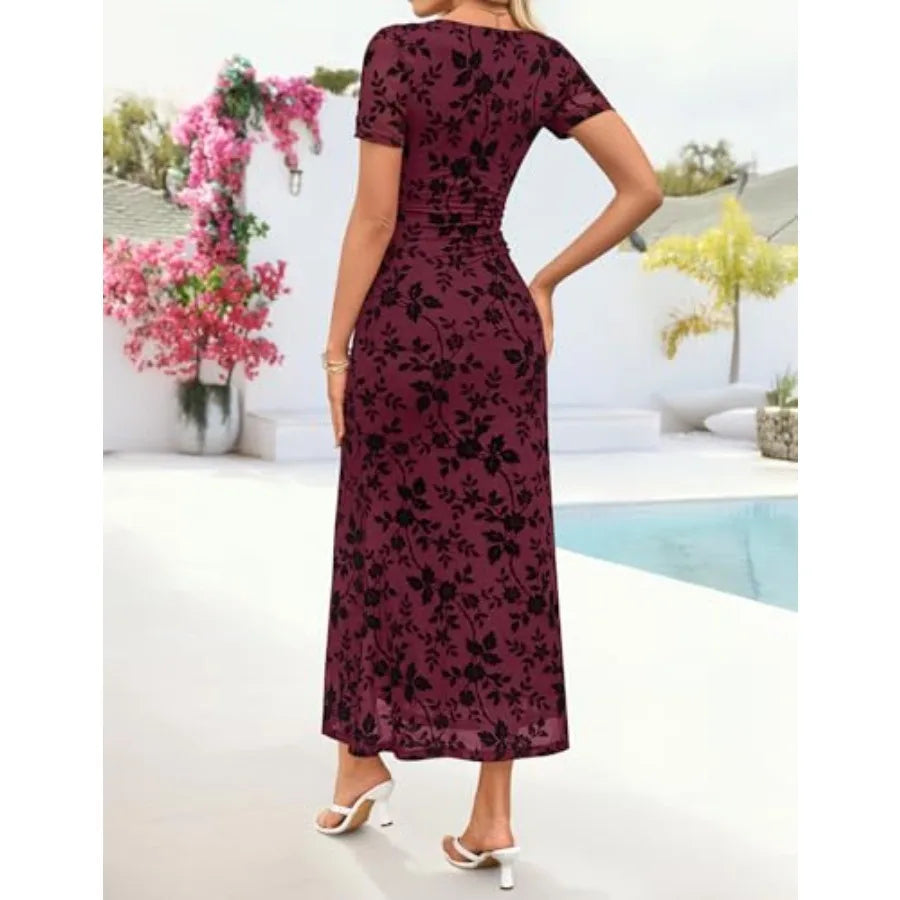 ZESICA Women's Summer Floral Bodycon Long Dress Ruched Mesh Beach Vacation Formal Cocktail Party Wedding Guest Maxi Dresses
