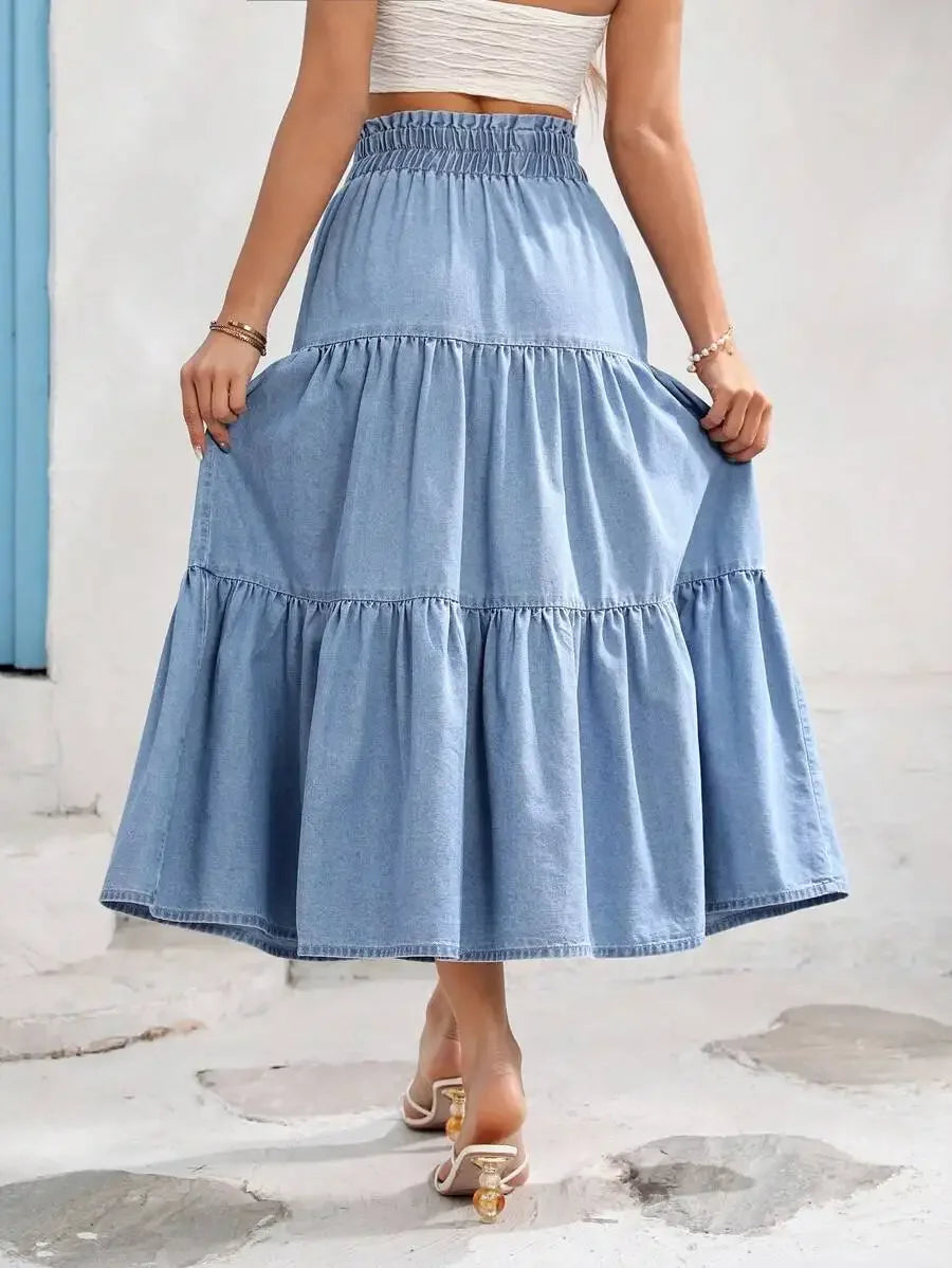 Women's Tiered Elastic Waist Denim Midi Skirt in Light Blue, Casual Summer Style
