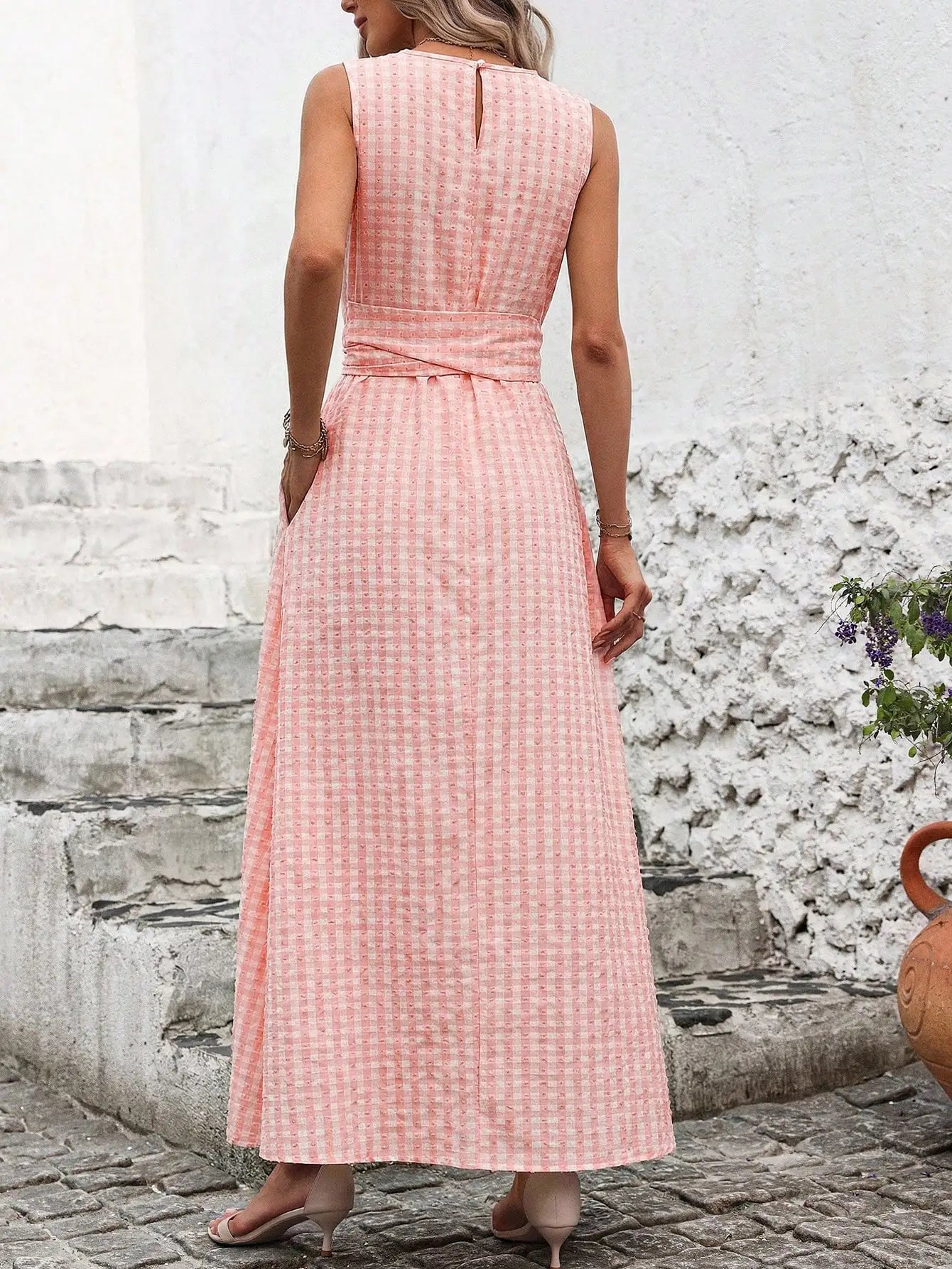 Women's Round Neck Plaid Knotted Waist A-Line Dress For Party Casual Outing