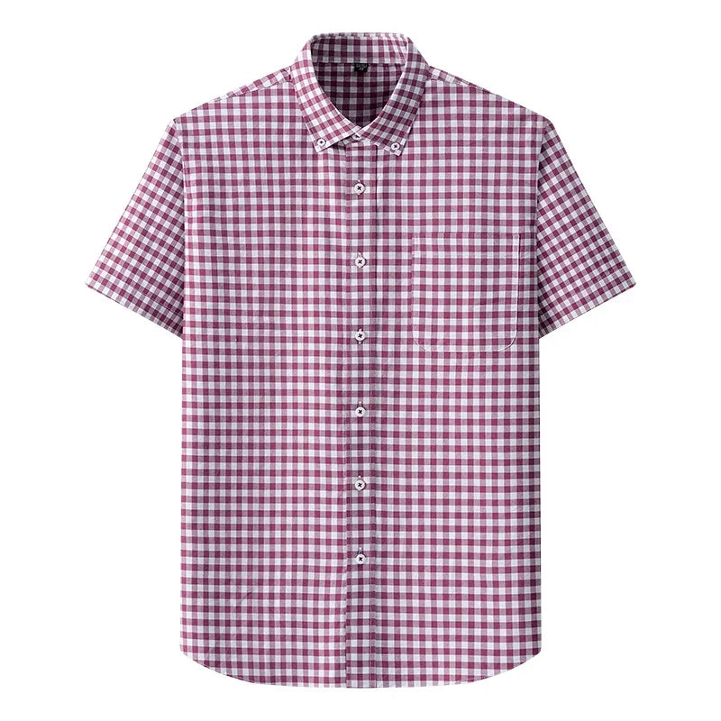 Browon Men Classic Short Sleeve Plaid Cotton Oxford Shirt