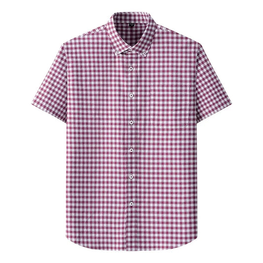 Browon Men Classic Short Sleeve Plaid Cotton Oxford Shirt