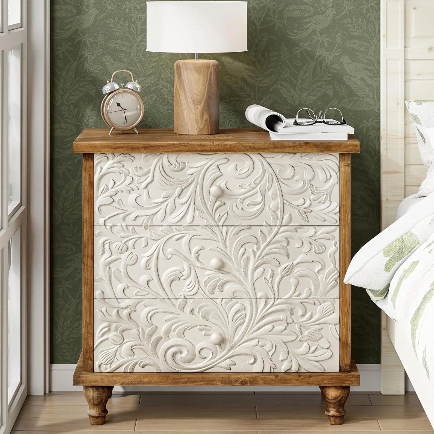 3 Drawer Farmhouse Dresser with Embossed Weathered Flower Motif, Vintage Nightstand for Bedroom, Almost, Customized