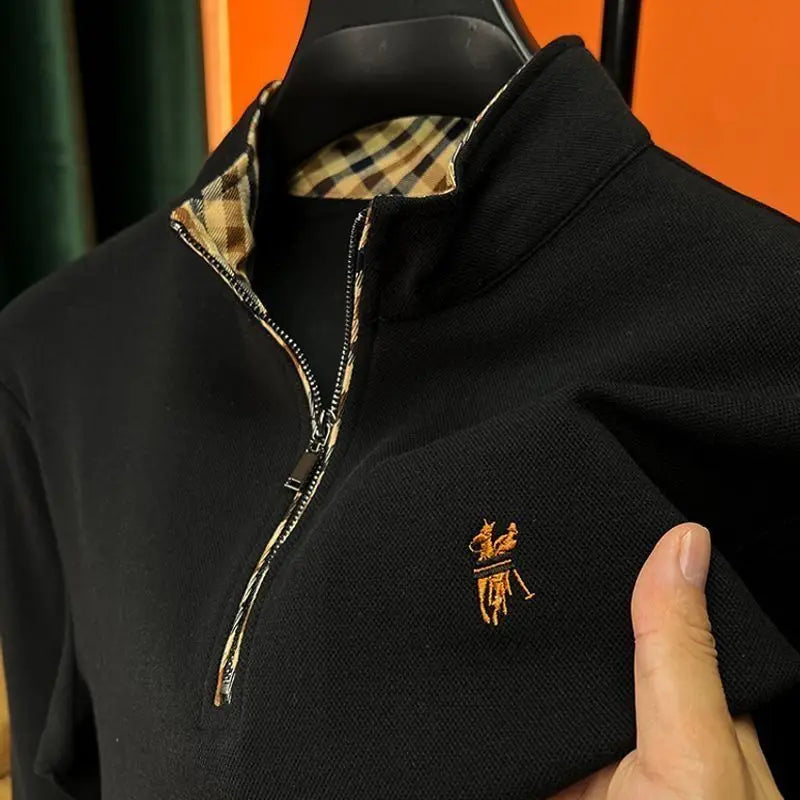 Mens Cotton Long Sleeve Embroidered Zipper Stand Collar Polo Shirt