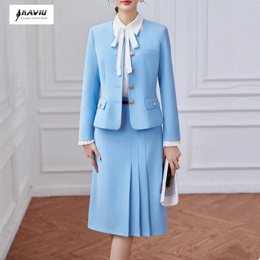 NAVIU Commuting Office Women Blazer and Skirt Two Piece Set