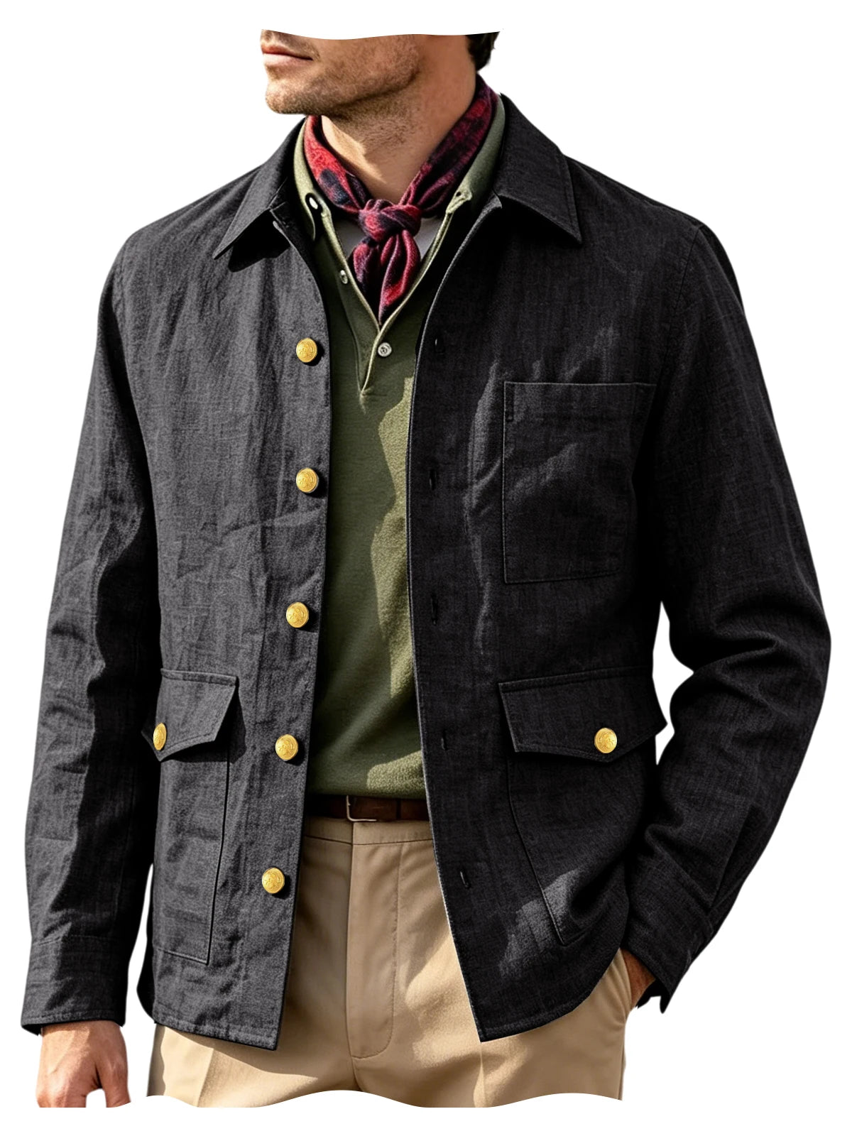 Mens Vintage Linen Jacket With Breathable Gold Button Lapel Design