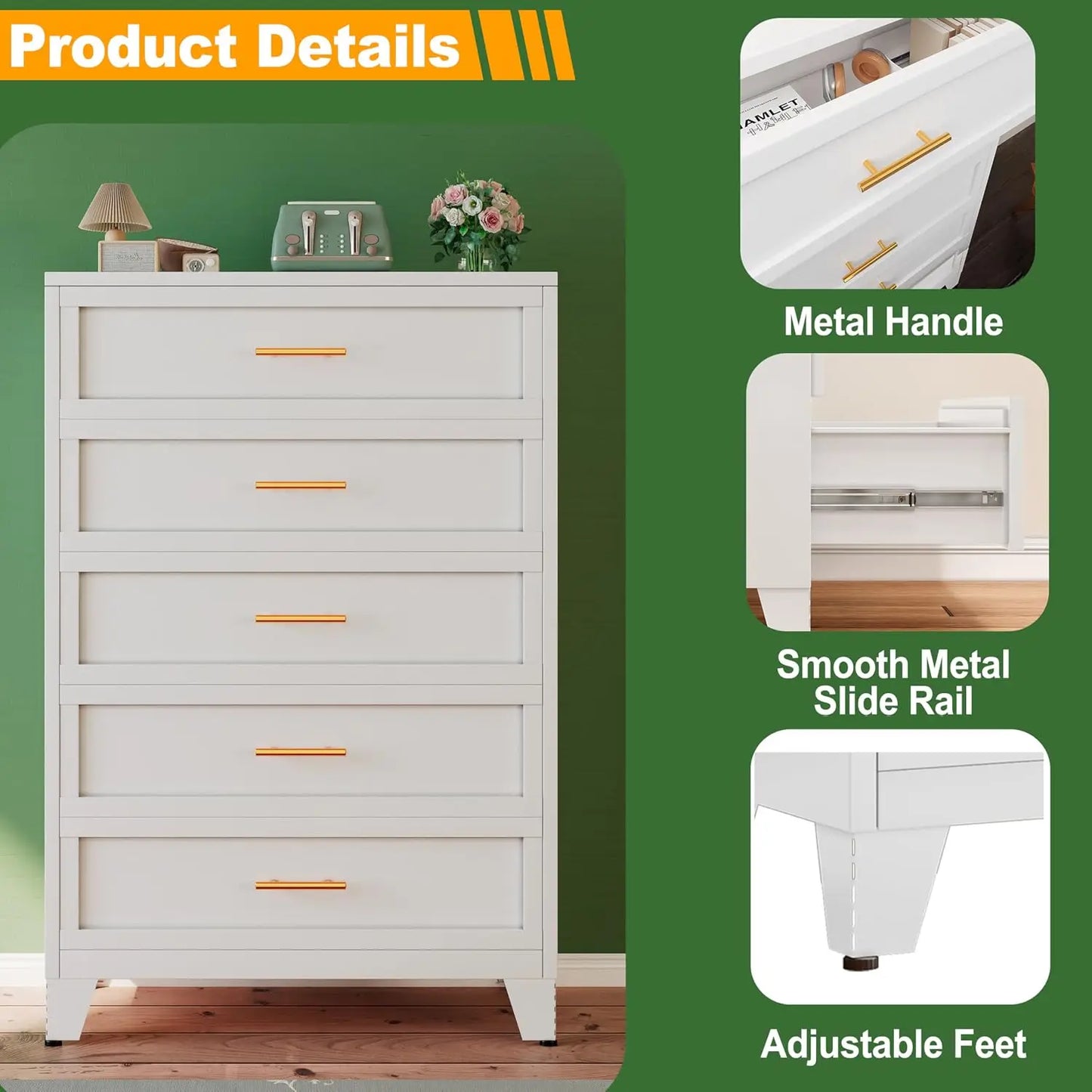 53.54" H White Metal Tall 5-Drawer Dresser, Spacious Storage Chest of Drawers for Bedroom and Closet Organization, Customized