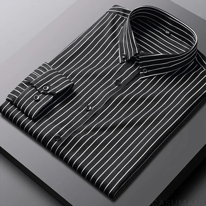 BROWON Brand 2026 Spring Tuxedo Shirt Men Long Sleeve Button Collar Wedding Party Striped Shirt for Man Plus Size 5XL